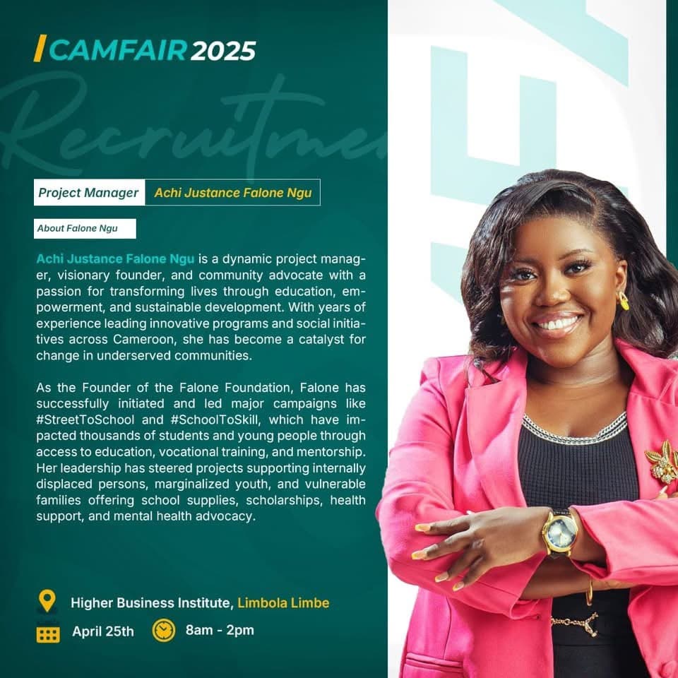CamFair 2025 recruitment fair announcement — Higher Business Institute, Limbe, 25 April, 8am to 2pm.